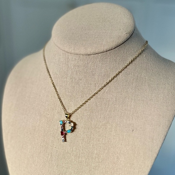 Gold Initial Letter Necklace Crystal Rainbow Rhinestone P - Picture 1 of 3